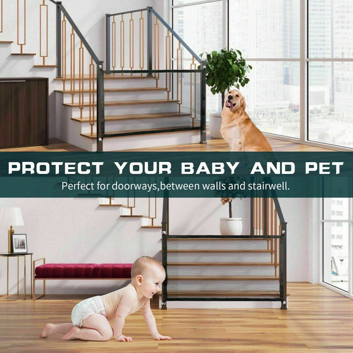 Pets Safety Gate Mesh Fence Magic Portable Guard Net Stairs Doors